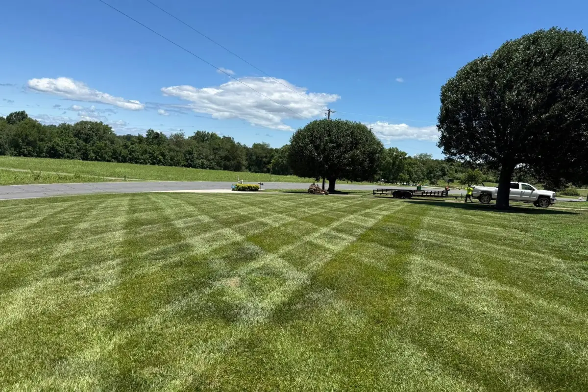 Freshly mowed lawn with stripes and a truck and trailer nearby