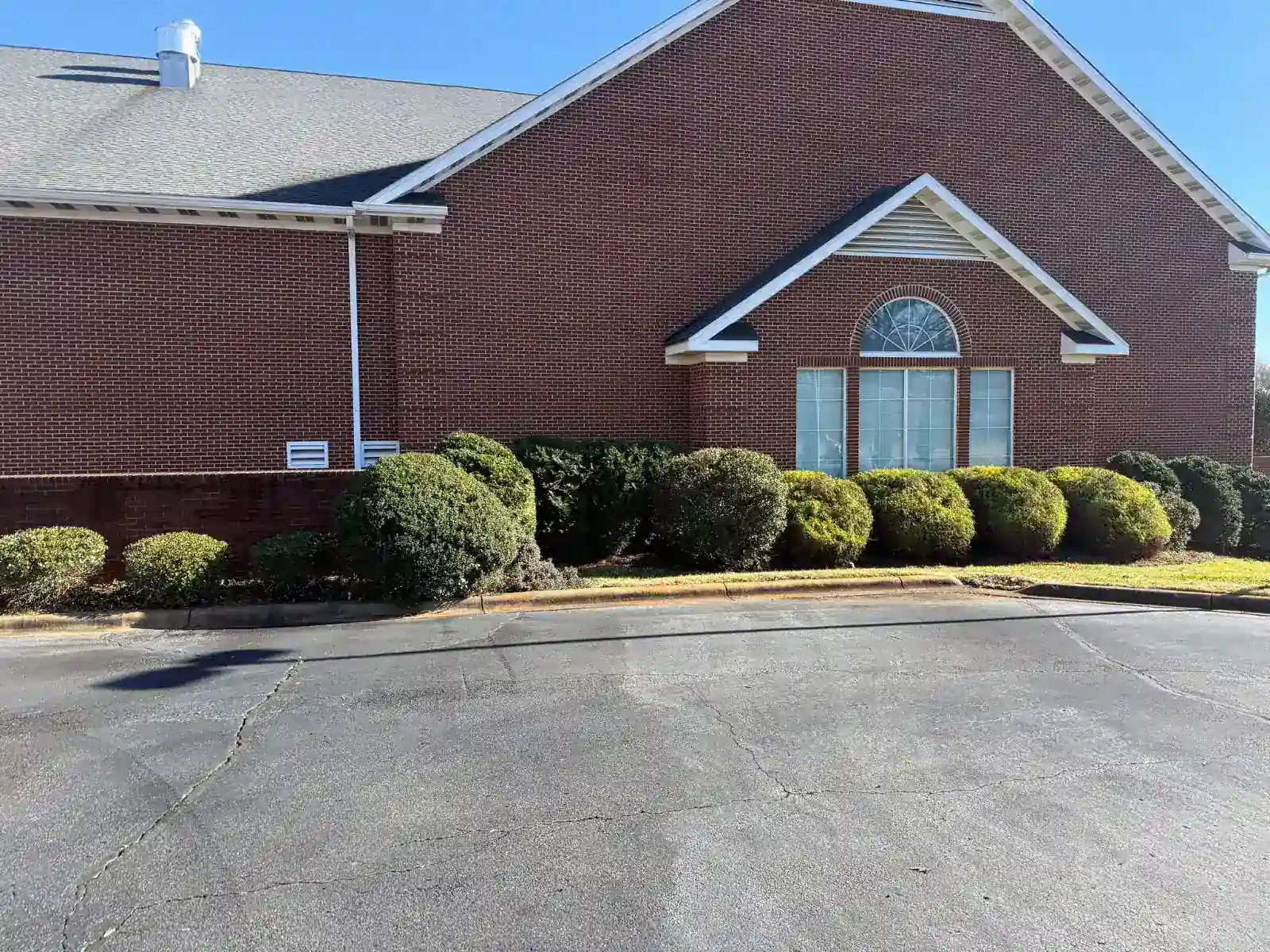 Rounded shrubs beside a brick commercial building after trimming