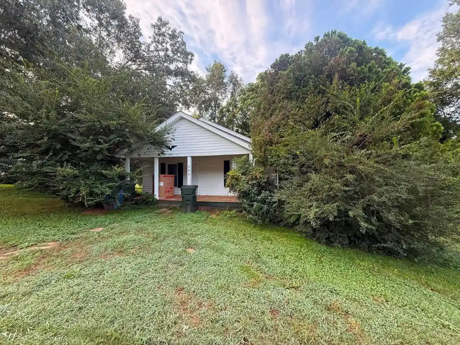 Overgrown shrubs and vegetation around a white house before yard and property cleanup